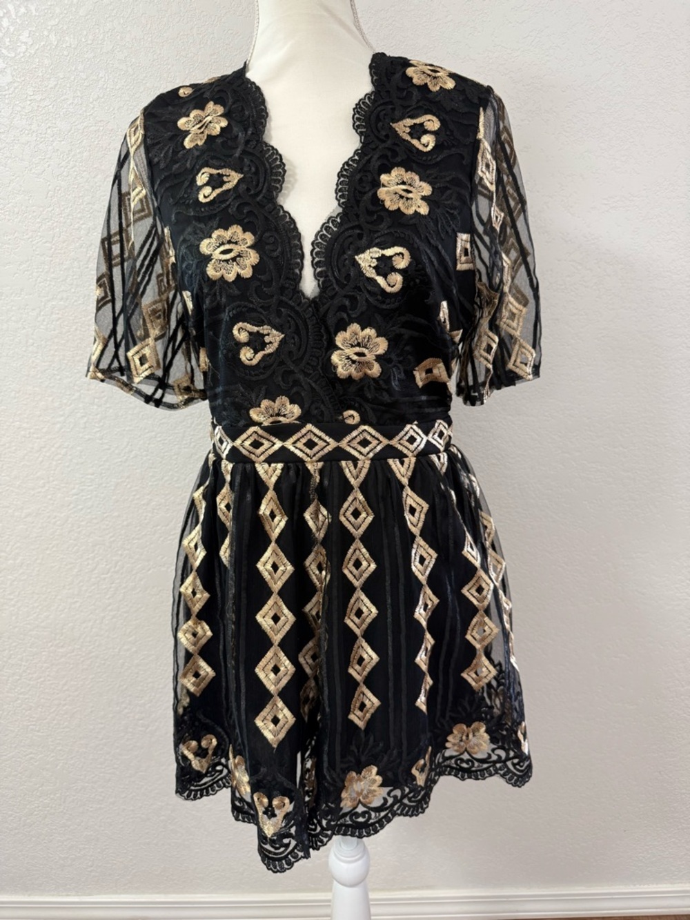 SWEET LEMON Black & Gold Embroidered Mesh Romper Lace Geometric size M
